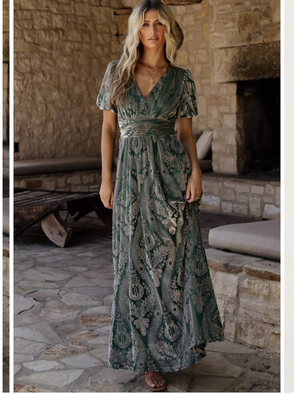 Baltic Born Leslie Velvet Maxi Dress in Sage and Silver Velvet Burnout, Size L